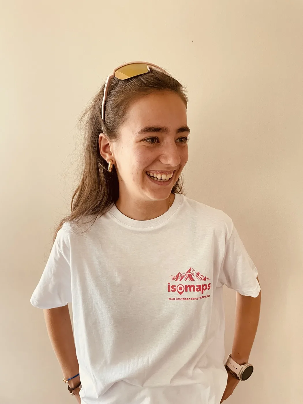 White t-shirt · Pink logo