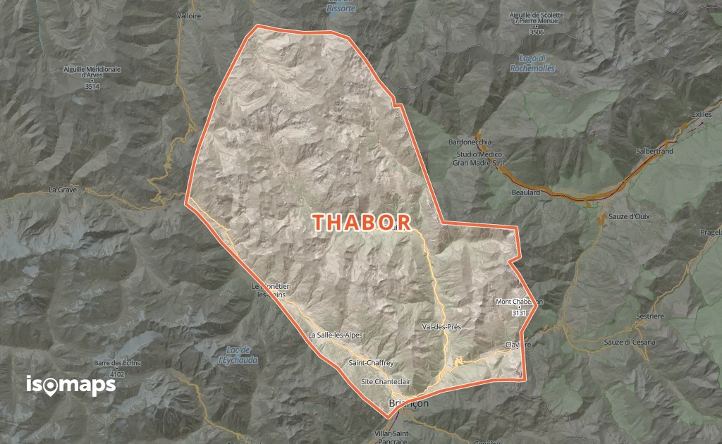 Carte du secteur de la vallée de la Clarée, avec le contour du massif Thabor