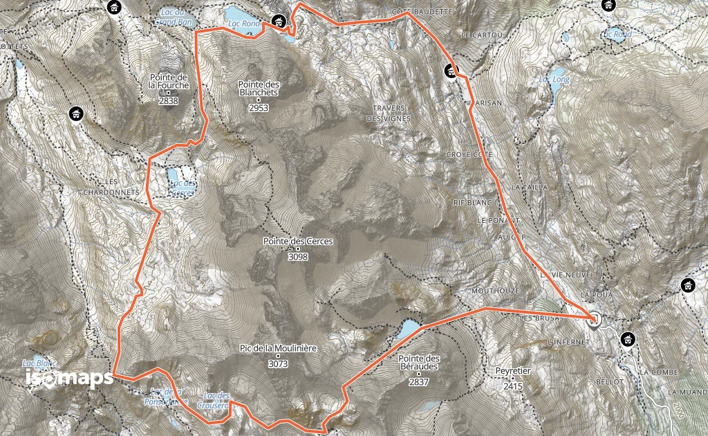 Tracé de Tour des Cerces sur la carte Isomaps